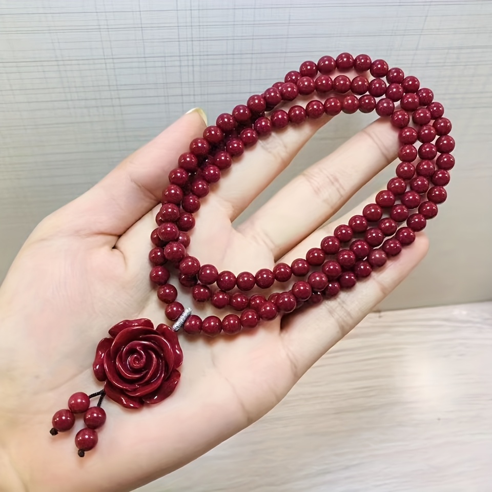 Buddhist Prayer Necklace with Red Cinnabar Stone, Gift